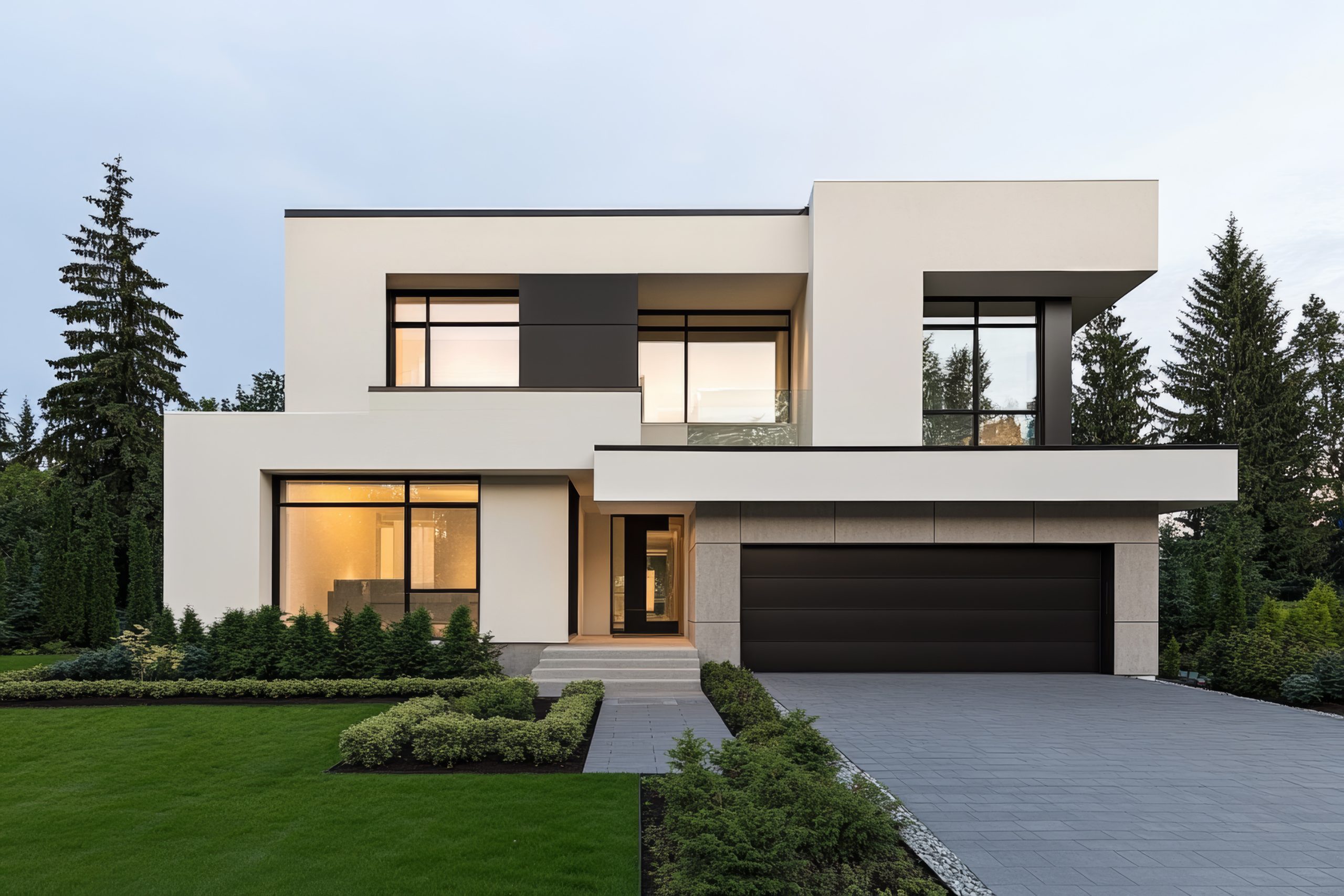 minimalist modern house with integrated garage showcasing simple geometric shapes neutral scaled